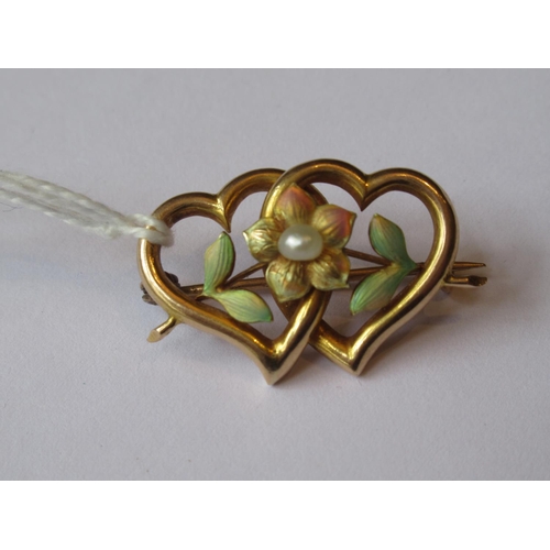 726 - Victorian 15ct gold entwined heart brooch with enamel decoration