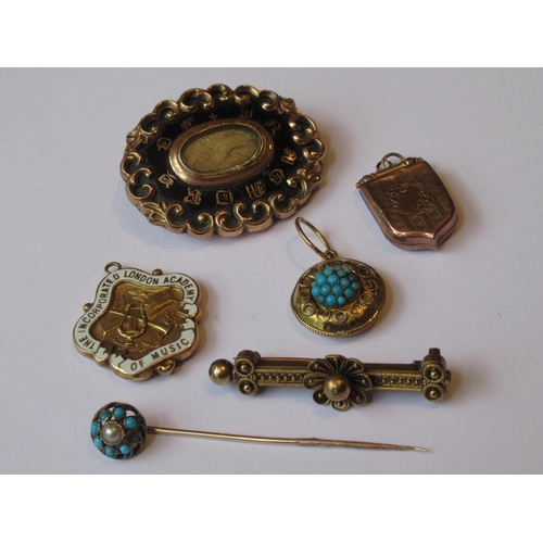 823 - Victorian oval memorial brooch, 9ct gold and enamel pendant, circular turquoise inset pendant, a pen... 