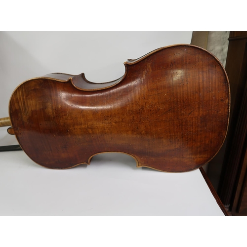 86 - 19th Century cello having two piece back and carved scroll head stock (for restoration)