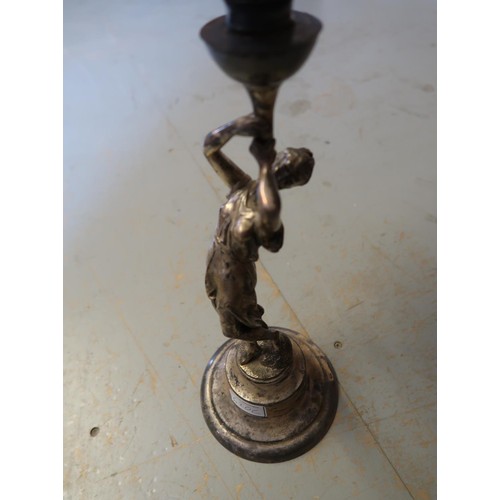 620C - Early 20th Century silver plated oil lamp, the hobnail cut glass oil well supported by a classical m... 