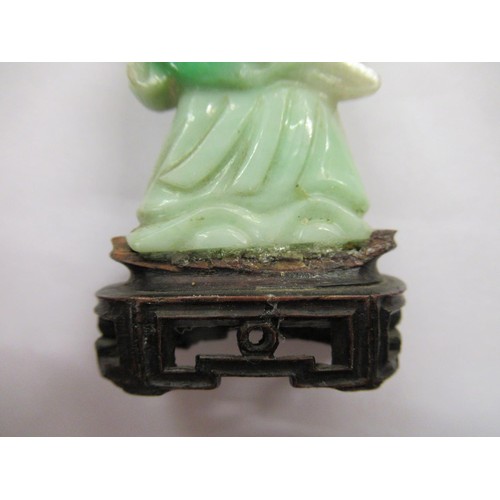 240 - Small Chinese carved jadeite figure of an immortal on a hardwood stand, 3ins tall overall together w... 