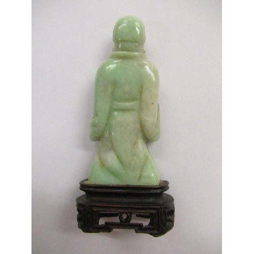 240 - Small Chinese carved jadeite figure of an immortal on a hardwood stand, 3ins tall overall together w... 