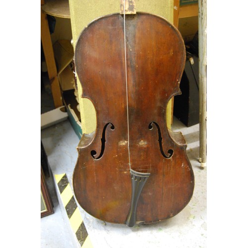 86 - 19th Century cello having two piece back and carved scroll head stock (for restoration)