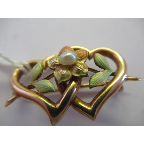 726 - Victorian 15ct gold entwined heart brooch with enamel decoration