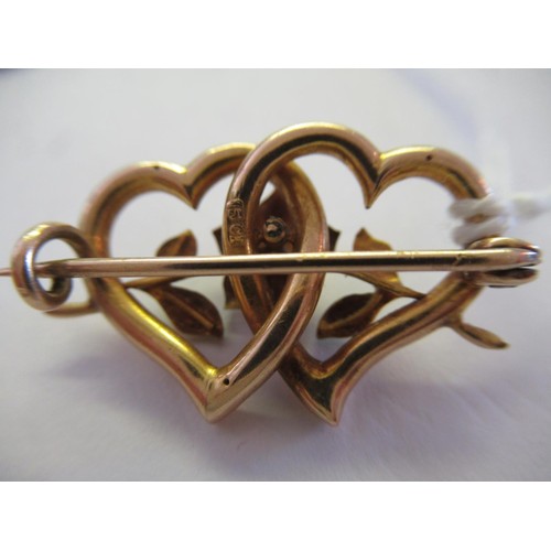 726 - Victorian 15ct gold entwined heart brooch with enamel decoration