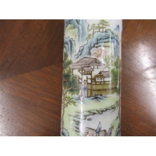 485 - Chinese Republic cylindrical porcelain vase painted with a river landscape, signed with seal mark to... 