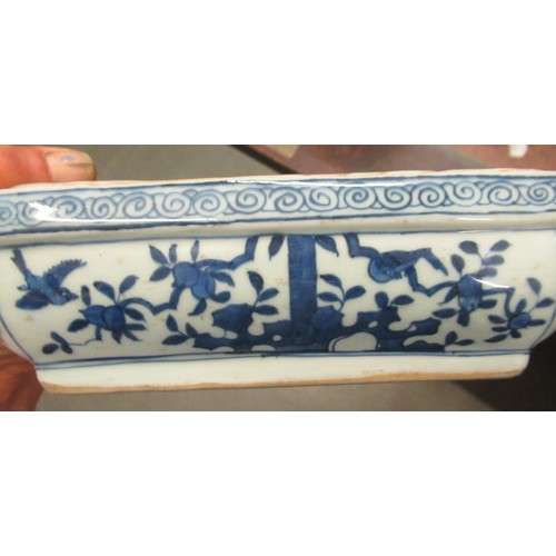 484 - Chinese pottery bowl (at fault), Canton teacup, Canton circular pot base, Chinese rectangular blue a... 