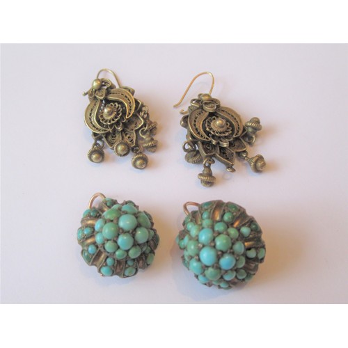 703 - Pair of yellow metal and turquoise set earrings together with a pair of yellow metal filigree drop e... 