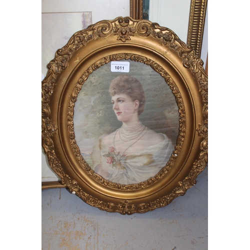 1011 - Oval gilt framed print on silk, head and shoulder portrait of a lady, 11ins x 9ins