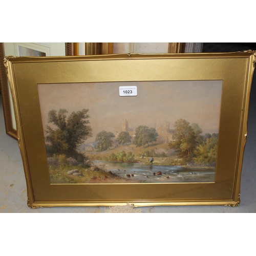 1023 - F. Boisseree, late 19th Century watercolour, landscape with figure fishing to the foreground with di... 