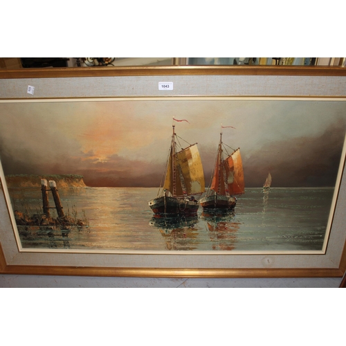 1043 - Large mid 20th Century oil painting on canvas, sailing boats in a sunset, signed Eggert, 20ins x 40i... 