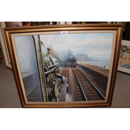 1049 - Don Breckon, 20th Century oil on canvas, steam locomotive, ' Tintagel Castle ' on the sea wall betwe... 