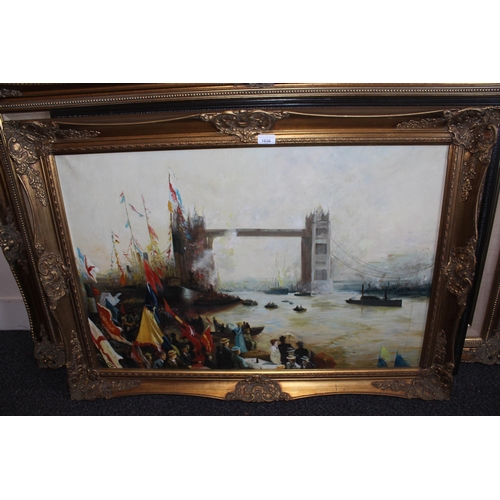 1056 - 20th Century oil on canvas, Thames scene at Tower Bridge with festivities to the foreground, signed ... 