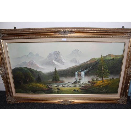 1057 - 20th Century oil on board, extensive Alpine river landscape, signed Chapman, 24ins x 48ins, gilt fra... 