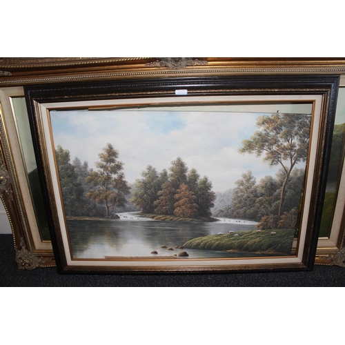 1057 - 20th Century oil on board, extensive Alpine river landscape, signed Chapman, 24ins x 48ins, gilt fra... 