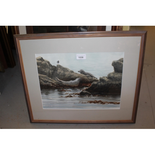 1058 - David Cowdry, watercolour, seals resting on rocks, signed and dated 2002, 10ins x 14ins, framed