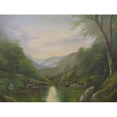 1060 - Andrew G. Kurtis, late 20th Century oil on canvas, wooded loch scene with distant mountains, signed,... 