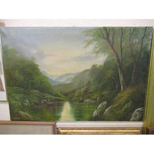 1060 - Andrew G. Kurtis, late 20th Century oil on canvas, wooded loch scene with distant mountains, signed,... 