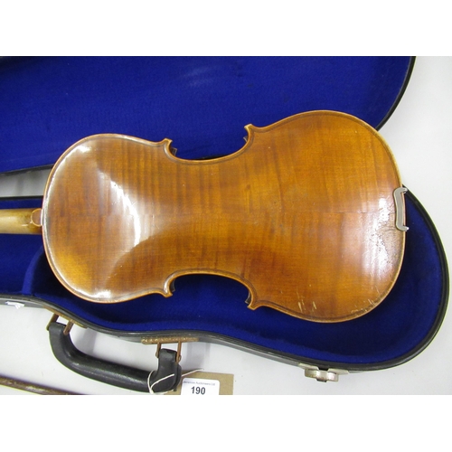 190 - Violin labelled to the interior ' D. Salzard ' (14.25in back) together with two bows in a fitted cas... 