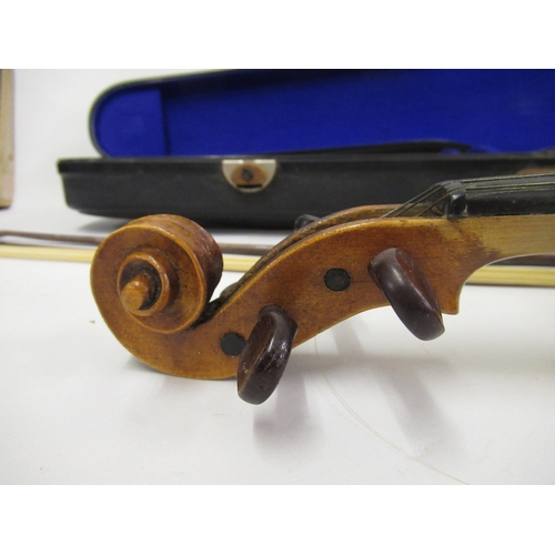 190 - Violin labelled to the interior ' D. Salzard ' (14.25in back) together with two bows in a fitted cas... 