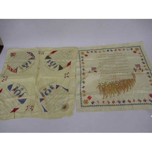 225 - Early 20th Century scouting flag, two other flags and two printed silk handkerchiefs