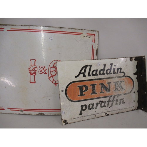 315 - Enamel sign for Aladdin pink Paraffin and another, possibly for tea with Indian and China, 24ins x 2... 