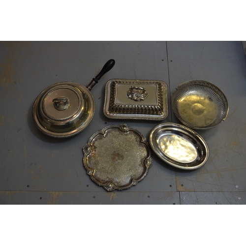 774 - Rectangular plated entree dish and cover, circular plated chafing dish (at fault), a salver and othe... 