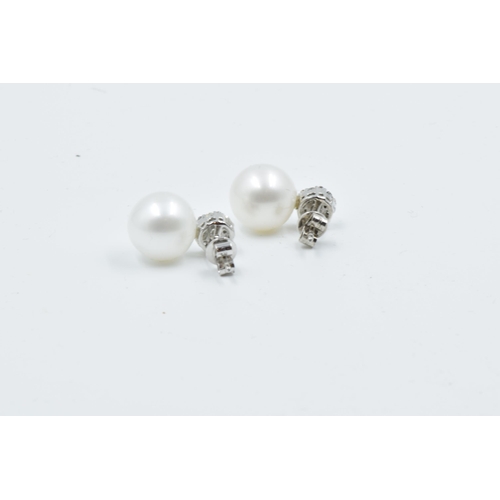 870 - Pair of 18ct white gold South Sea pearl and brilliant cut diamond cluster stud earrings, approximate... 