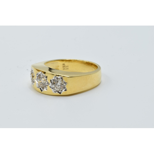 871 - 9ct Yellow gold three stone diamond ring, the diamonds approximately 1.05ct total