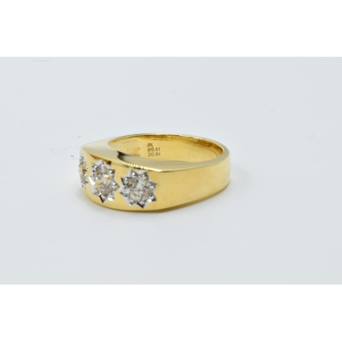 871 - 9ct Yellow gold three stone diamond ring, the diamonds approximately 1.05ct total