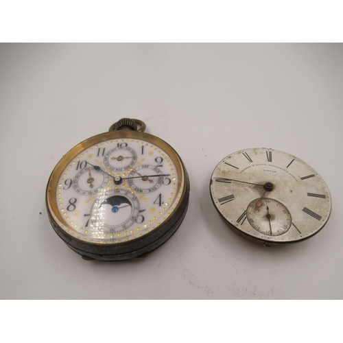 902 - Two antique silver cased fusee pocket watches (at fault), a gun metal cased calendar moonphase pocke... 