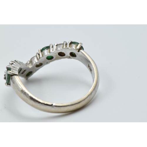 918 - 18ct White gold diamond and emerald set wishbone ring