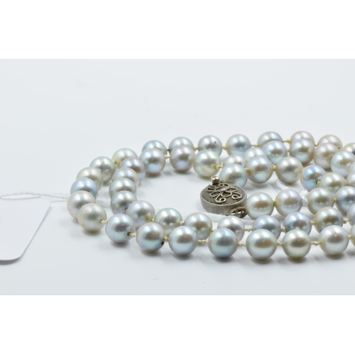 928 - Single row uniform grey cultured pearl necklace with silver clasp, 23.5ins long