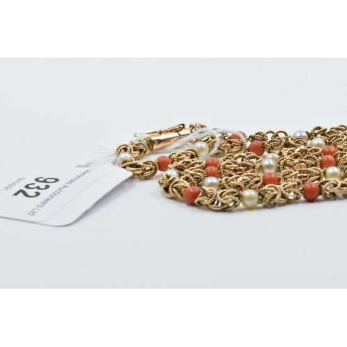 932 - Middle Eastern yellow metal coral and pearl necklace with tassel drops, 25.5ins long