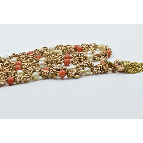 932 - Middle Eastern yellow metal coral and pearl necklace with tassel drops, 25.5ins long