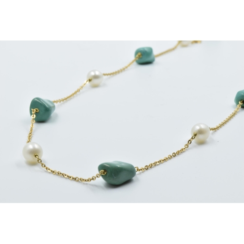 933 - 18ct Gold turquoise and pearl alternating chain link necklace, 32.5ins long