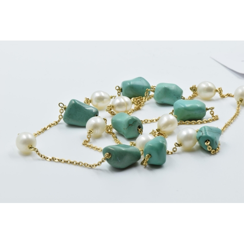 933 - 18ct Gold turquoise and pearl alternating chain link necklace, 32.5ins long