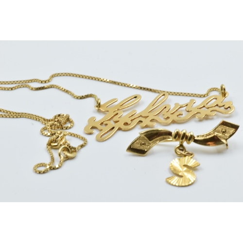 939 - 18ct Gold ' Sylvia ' pendant on chain together with an 18ct gold letter 'S' brooch, 7.4g