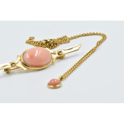 947 - 18ct Gold and coral brooch together with a similar small pendant and chain, 5g