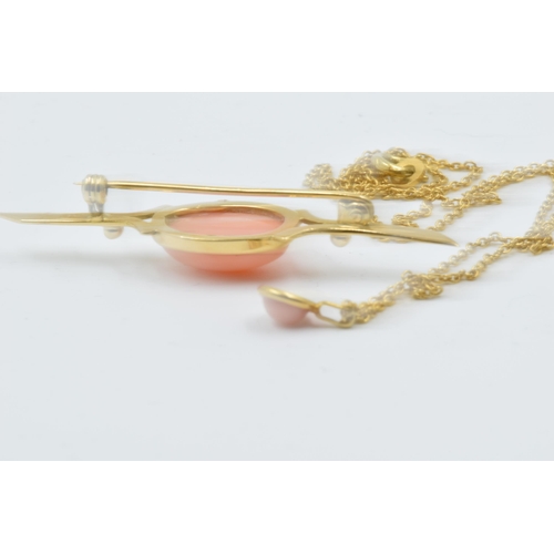 947 - 18ct Gold and coral brooch together with a similar small pendant and chain, 5g