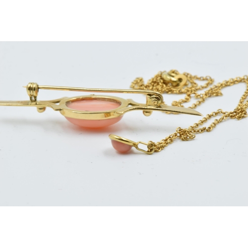 947 - 18ct Gold and coral brooch together with a similar small pendant and chain, 5g