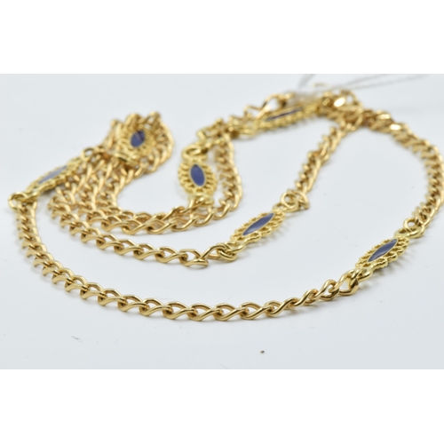 951 - 18ct Gold and blue enamel alternating filigree link necklace, 15g