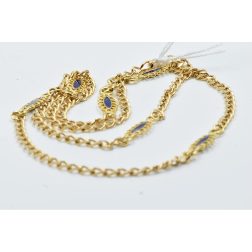 951 - 18ct Gold and blue enamel alternating filigree link necklace, 15g