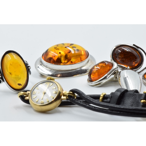 987 - 9ct yellow gold Ladies Cyma wristwatch, with leather strap and a suite of silver and Baltic amber se... 