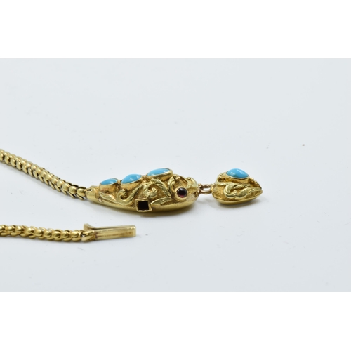 990 - Victorian gold turquoise and cabochon garnet serpent necklace, 36cms long, 13.5g