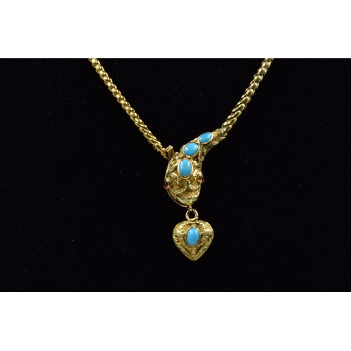 990 - Victorian gold turquoise and cabochon garnet serpent necklace, 36cms long, 13.5g