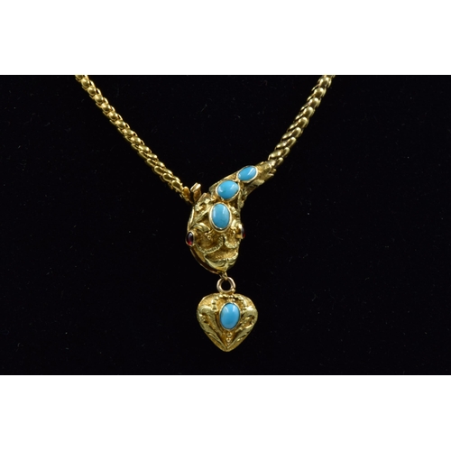 990 - Victorian gold turquoise and cabochon garnet serpent necklace, 36cms long, 13.5g