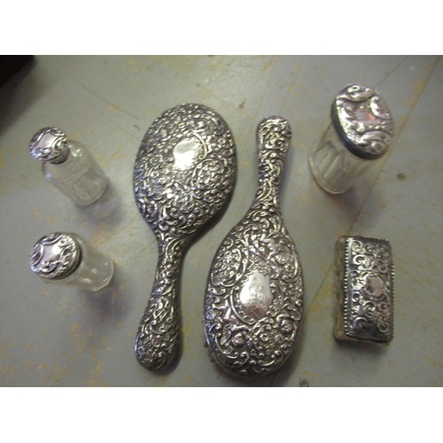 812 - Six silver mounted dressing table items, plated egg cup stand, entrée dish and two cased sets of pla... 