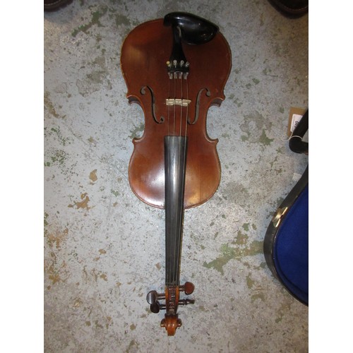 190 - Violin labelled to the interior ' D. Salzard ' (14.25in back) together with two bows in a fitted cas... 