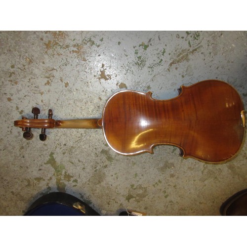 190 - Violin labelled to the interior ' D. Salzard ' (14.25in back) together with two bows in a fitted cas... 